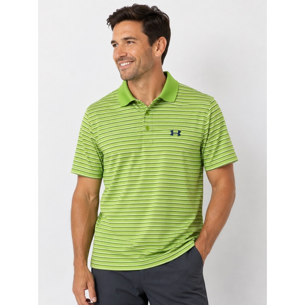 Under Armour Mens Medium Green Striped Performance Golf Polo Shirt Short Sleeve
